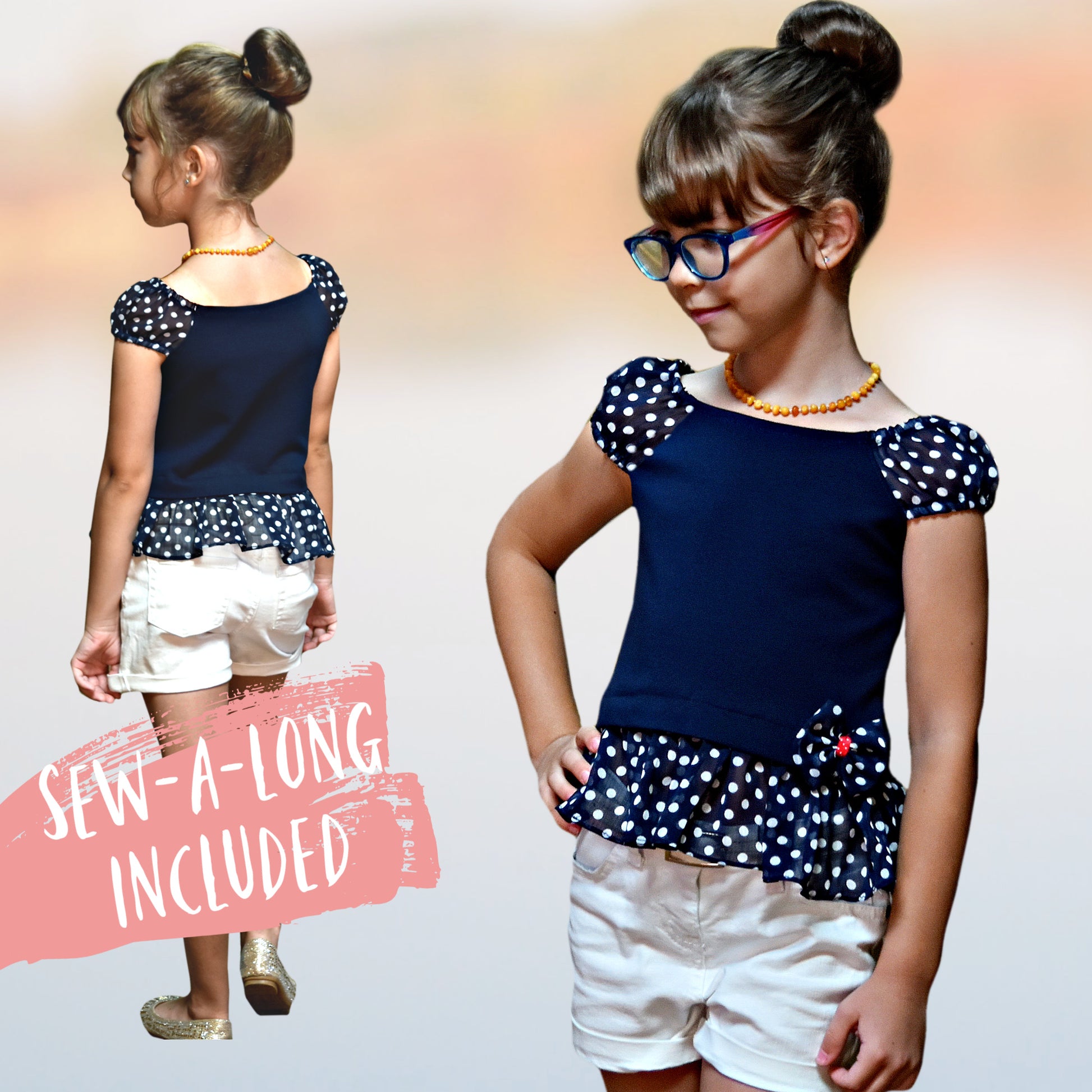 Rosalie peasant blouse pdf sewing pattern for women and girls. Made in knit fabric and woven fabric. Pattern by Frocks & Frolics. Includes a video sewing course.
