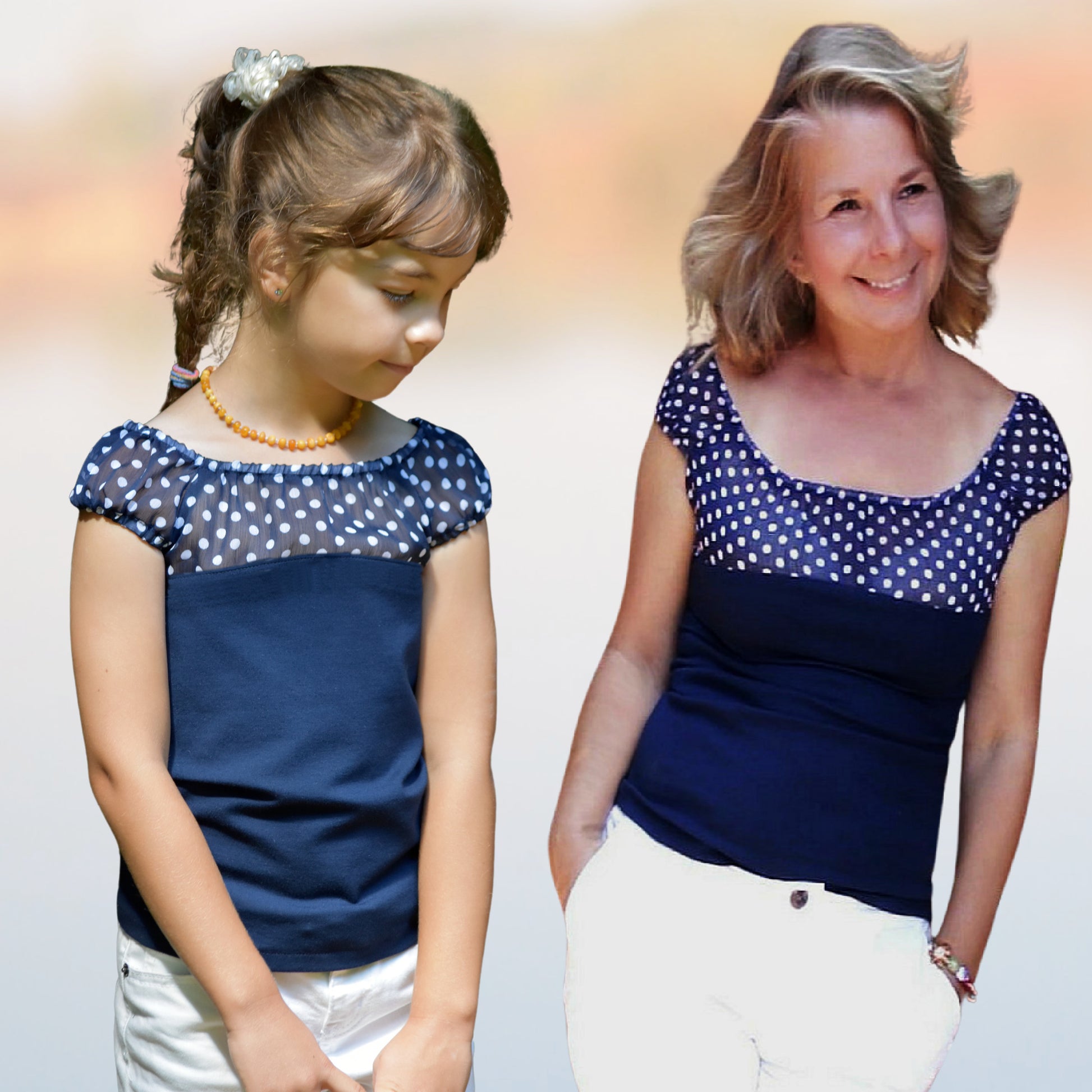 Rosalie peasant blouse pdf sewing pattern for women and girls. Made in knit fabric andwoven fabric. Pattern by Frocks & Frolics. Image shows the girls and mummy version.