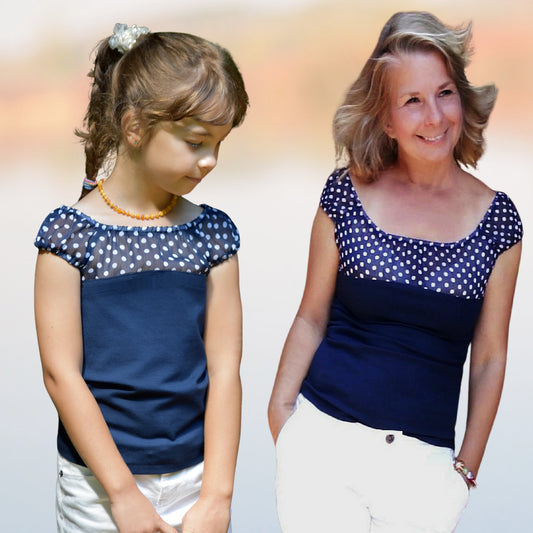 Rosalie peasant blouse pdf sewing pattern for women and girls. Made in knit fabric andwoven fabric. Pattern by Frocks & Frolics. Image shows the girls and mummy version.