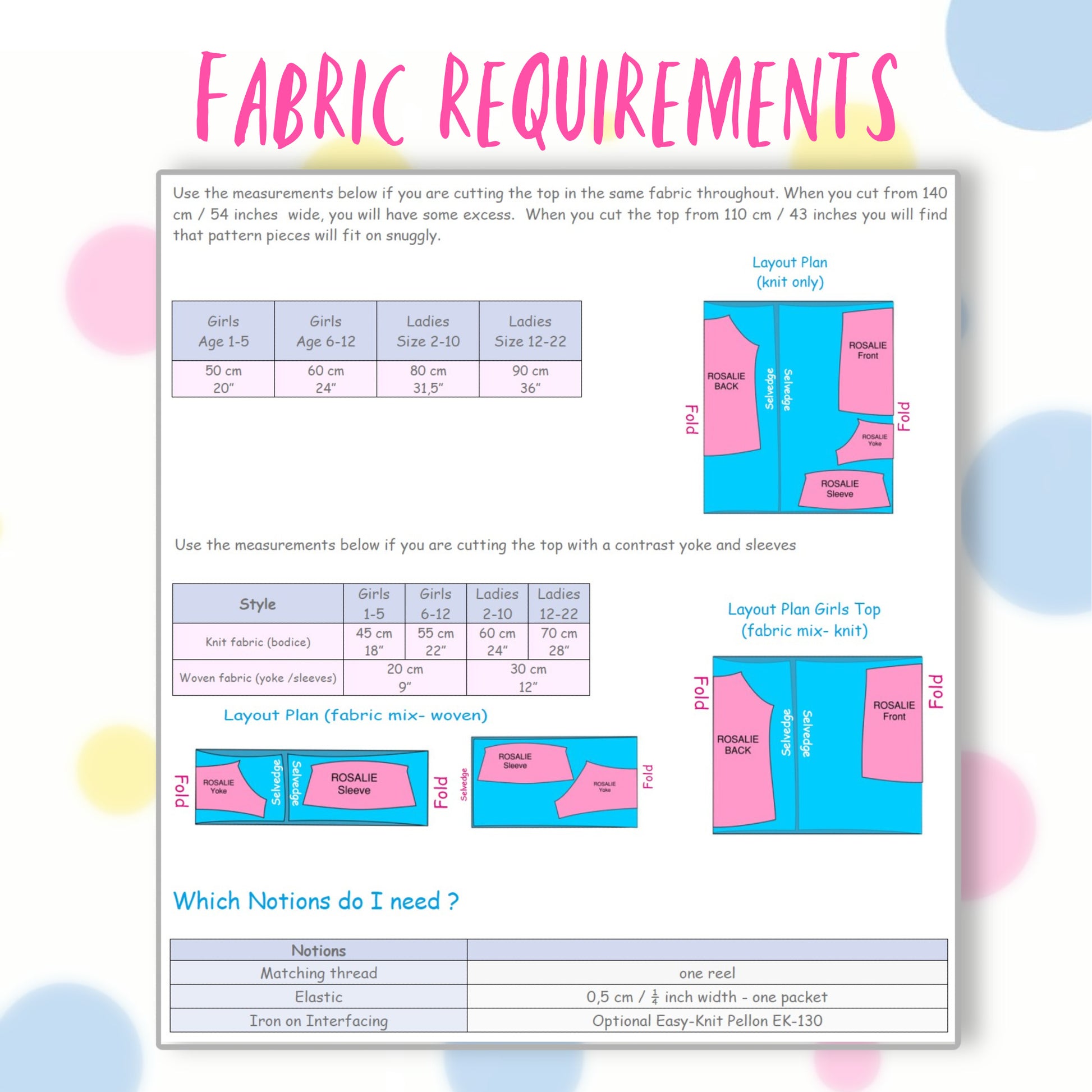 Rosalie peasant blouse pdf sewing pattern for women and girls. Made in knit fabric and woven fabric. Pattern by Frocks & Frolics. Image shows the fabric requirements for the summer top.