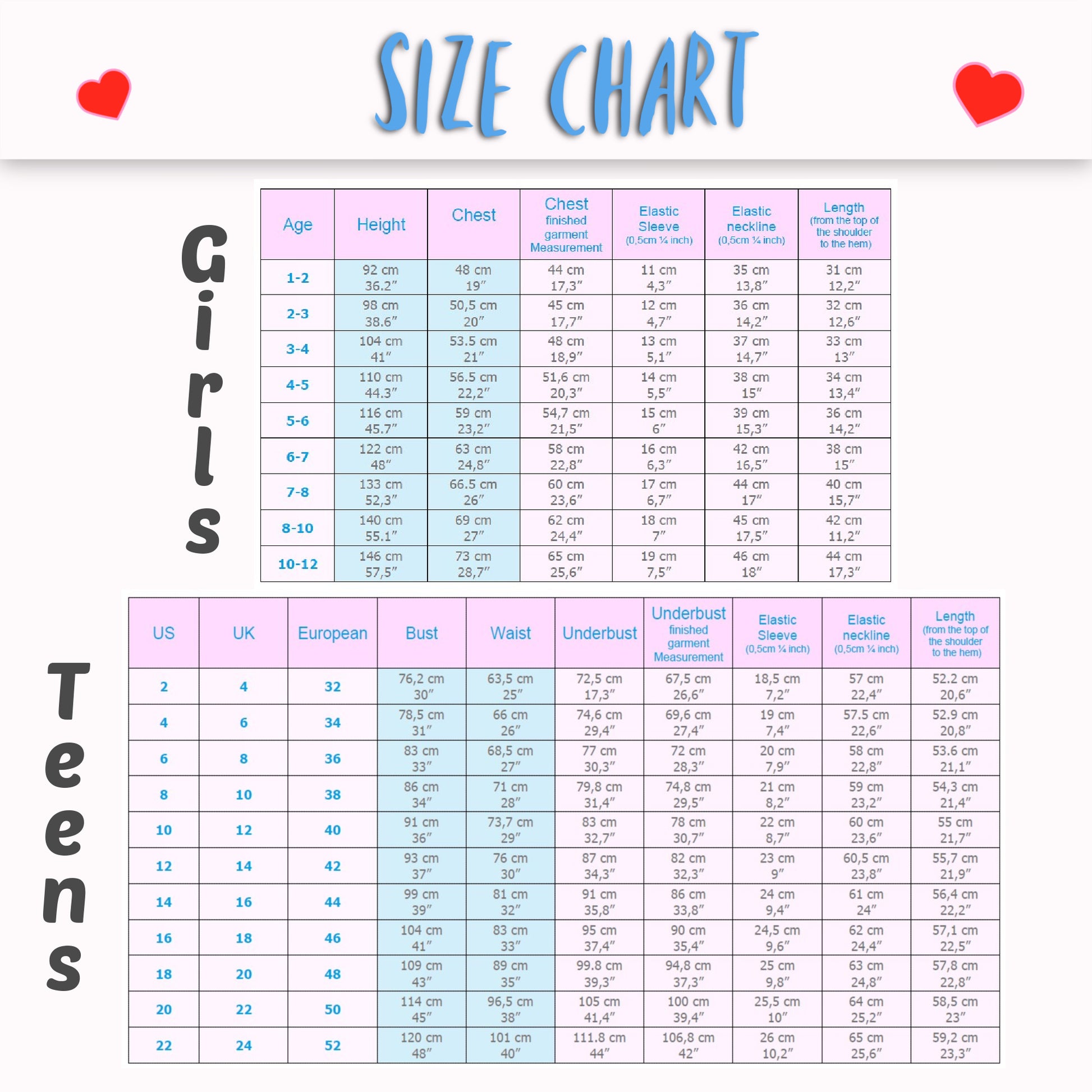 Rosalie peasant blouse pdf sewing pattern for women and girls. Made in knit fabric and woven fabric. Pattern by Frocks & Frolics. Image shows the size chart for the summer top.