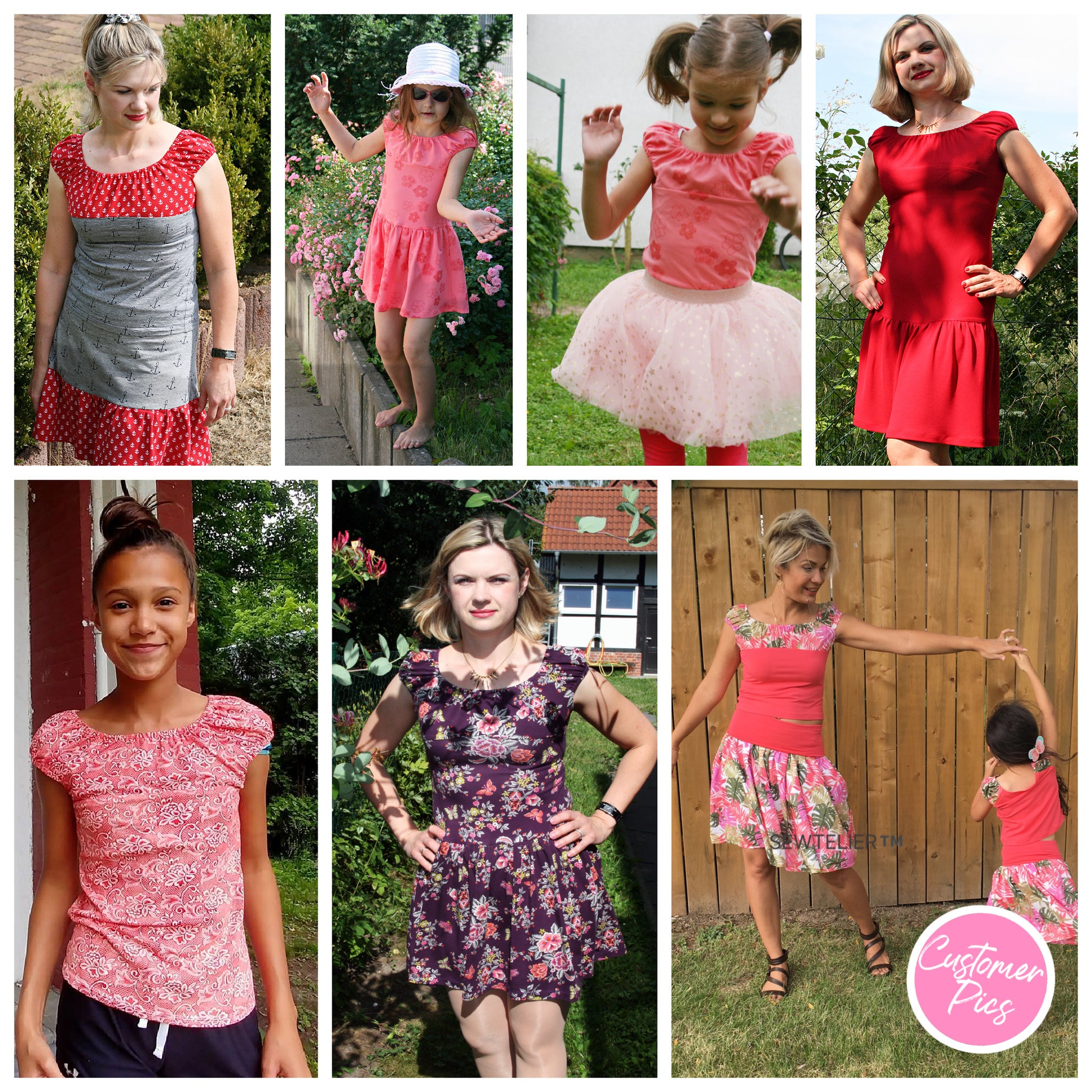 Rosalie peasant blouse pdf sewing pattern for women and girls. Made in knit fabric and woven fabric. Pattern by Frocks & Frolics. Image shows a selection of dresses and tops made by customers.
