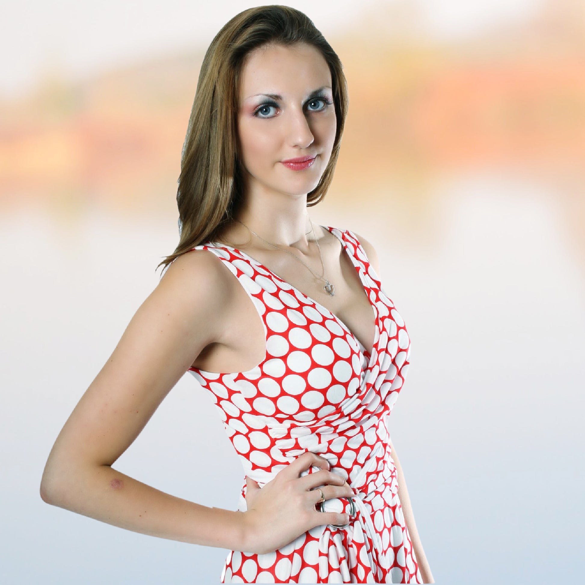 Jersey dress Sophia, faux wrap dress, pdf sewing pattern. Red four way stretch jersey. Includes a video tutorials for every step. Sleeveless.