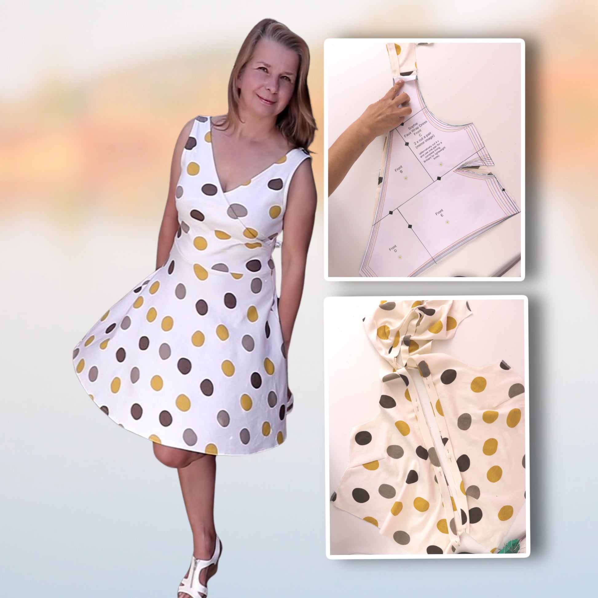 Jersey dress Sophia, faux wrap dress, pdf sewing pattern. Red four way stretch jersey. Includes a video tutorials for every step. Sleeveless.