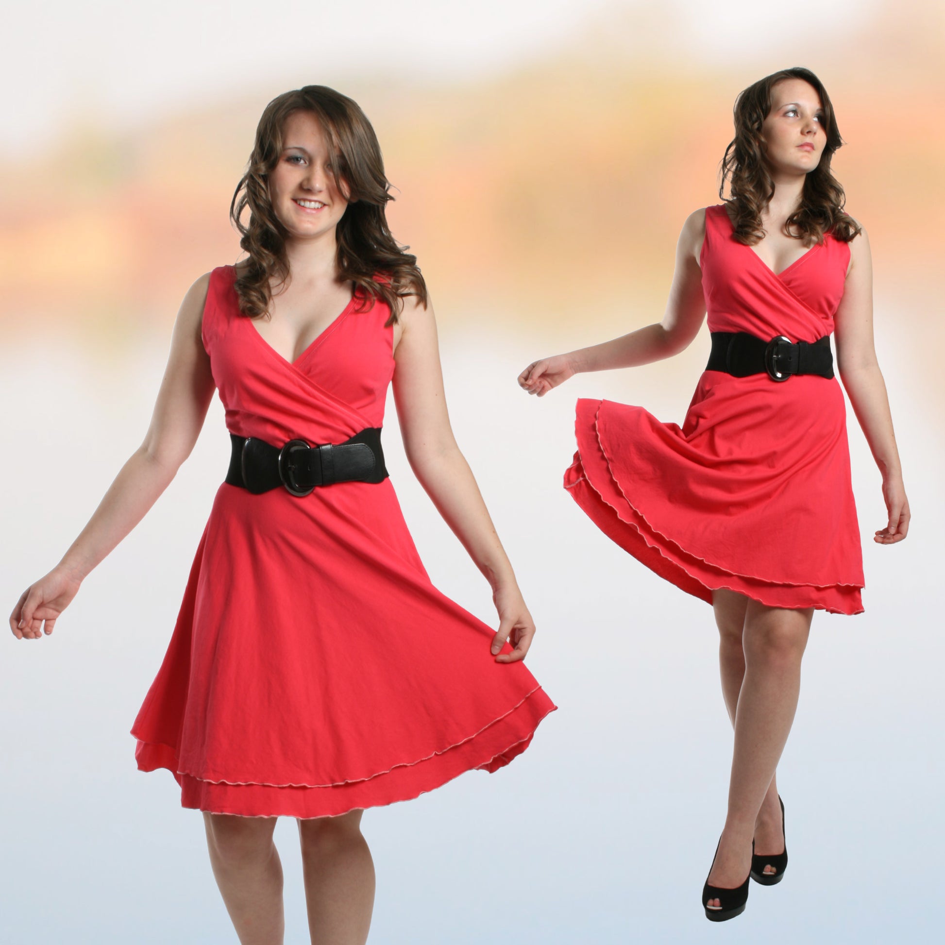 Jersey dress Sophia, faux wrap dress, pdf sewing pattern. Red four way stretch jersey. Includes a video tutorials for every step. Sleeveless.