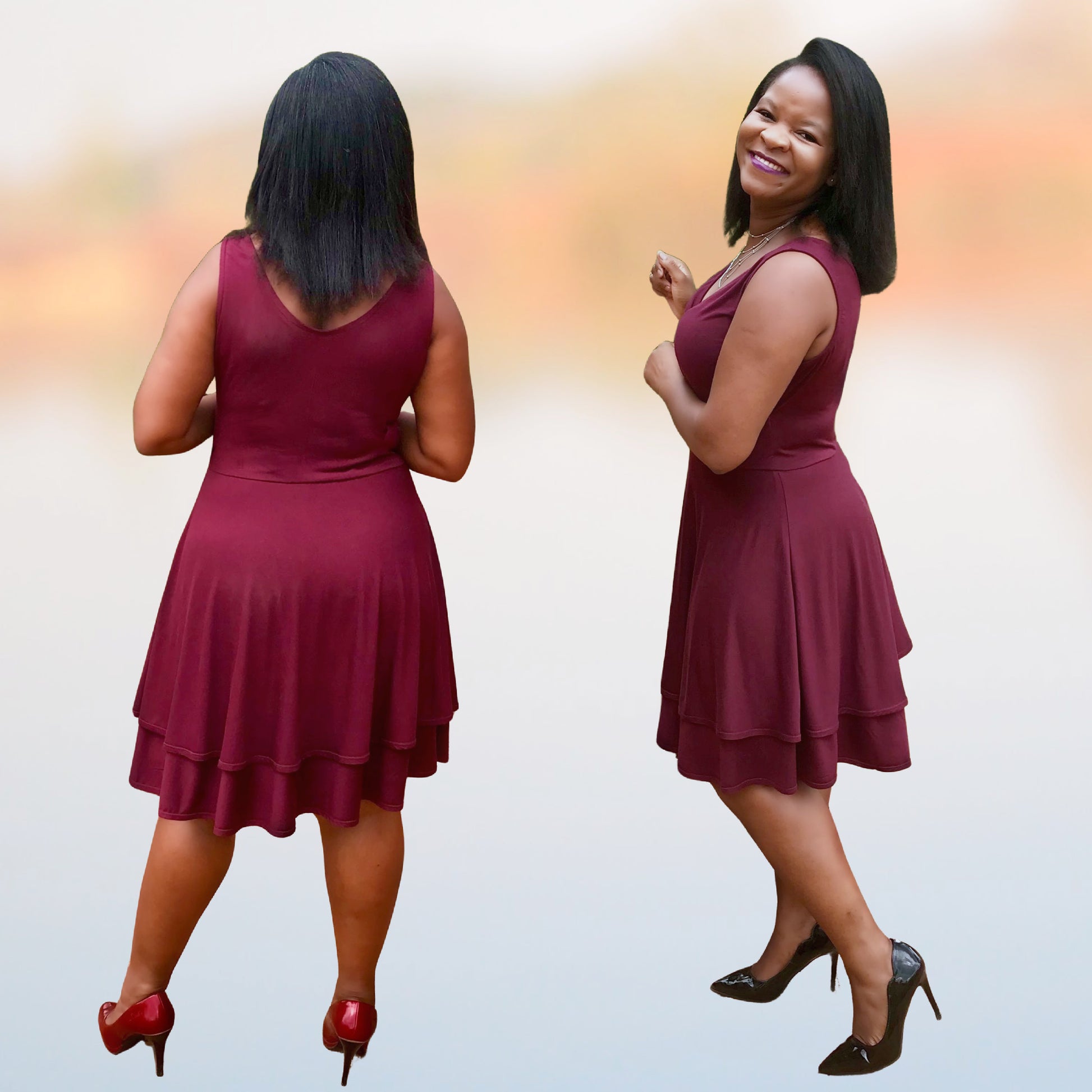 Jersey dress Sophia, faux wrap dress, pdf sewing pattern. Red four way stretch jersey. Includes a video tutorials for every step. Sleeveless.