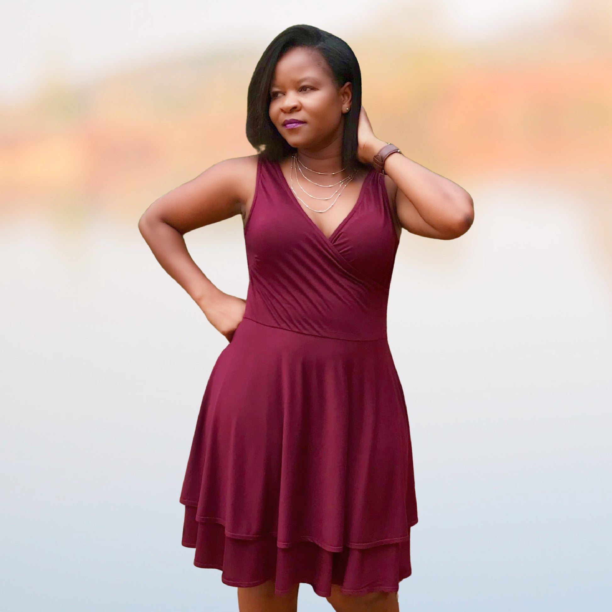 Jersey dress Sophia, faux wrap dress, pdf sewing pattern. Red four way stretch jersey. Includes a video tutorials for every step. Sleeveless.