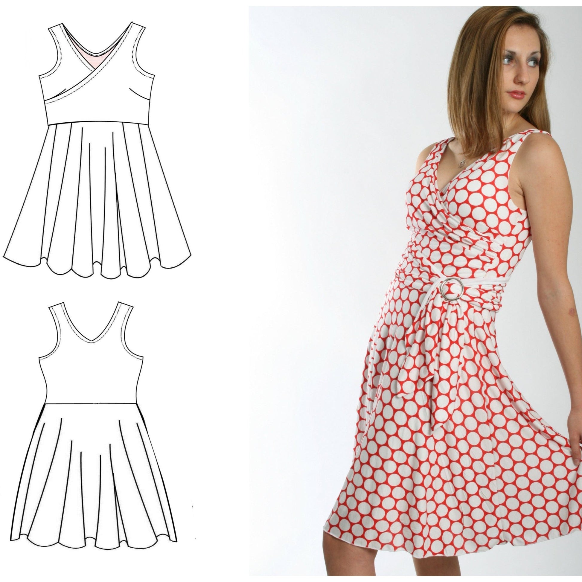 Jersey dress Sophia, faux wrap dress, pdf sewing pattern. Red four way stretch jersey. Includes a video tutorials for every step. Sleeveless.