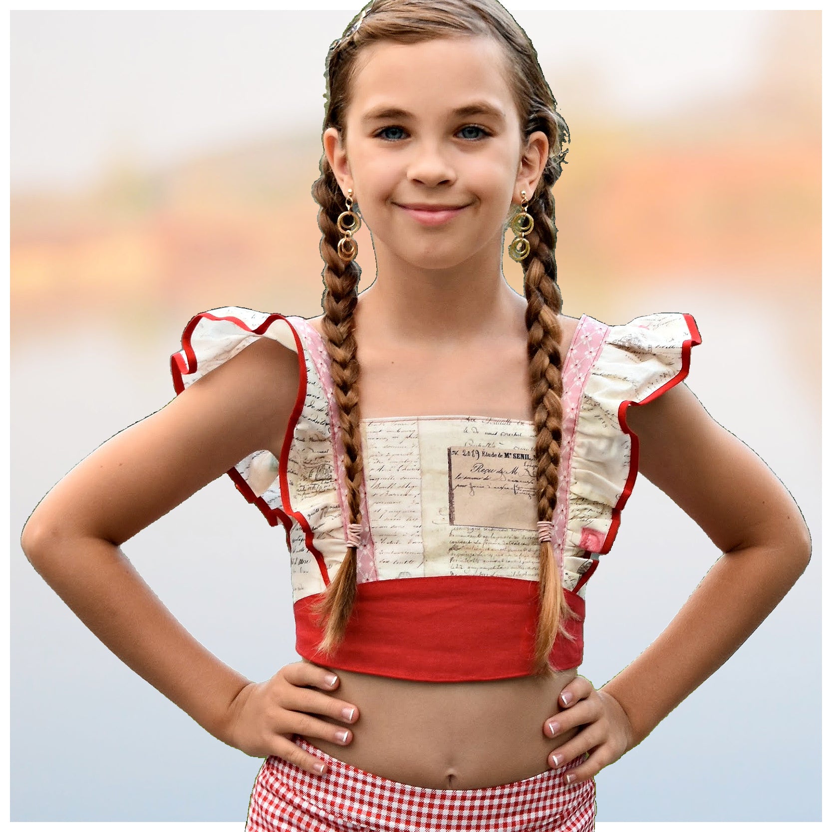 Tilly crop top, pdf sewing pattern by Frocks & Frolics. Cute girls blouse with flutter sleeves and vintage inspired. Made in gorgeous Michael Miller fabrics in cotton and red linen.