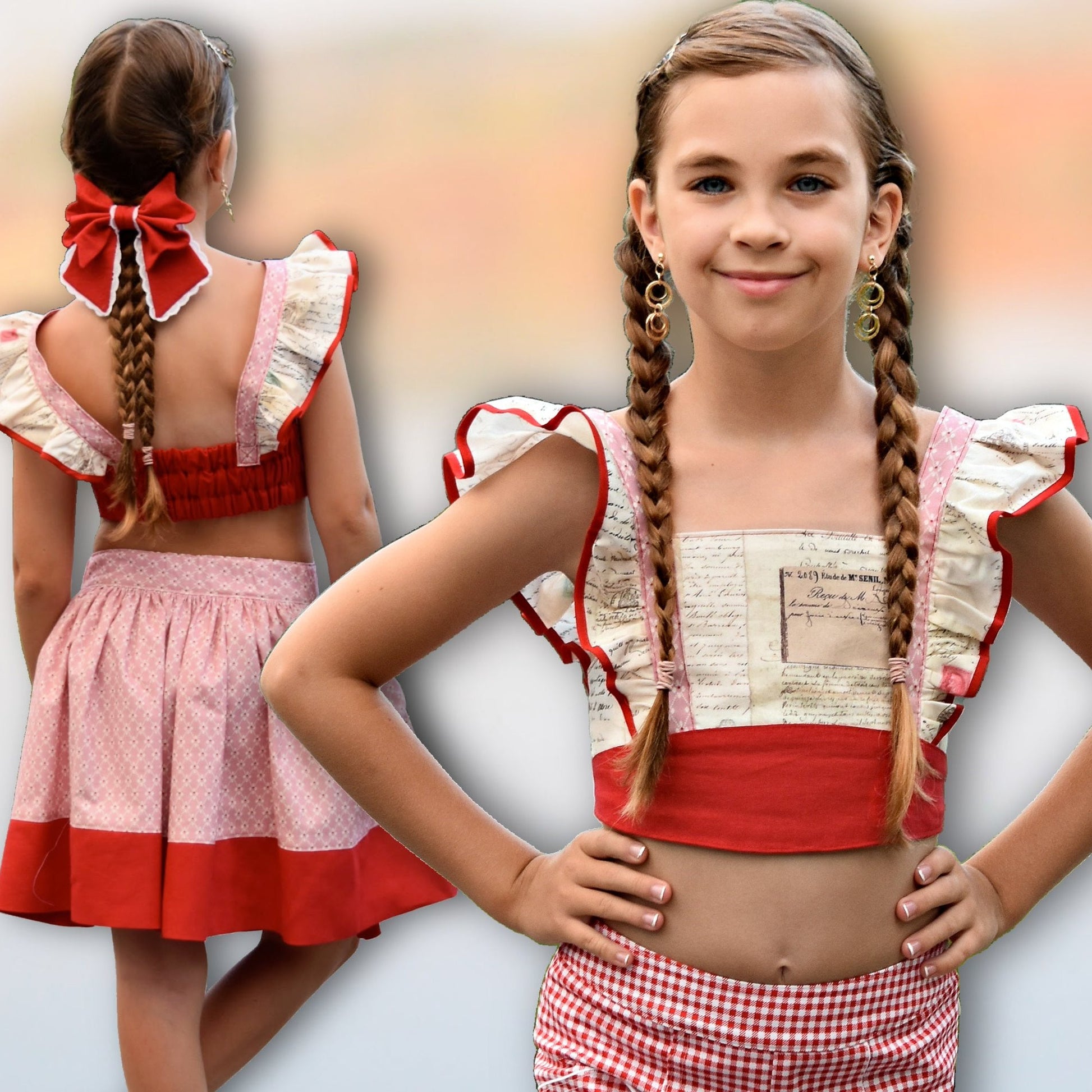 Tilly crop top, pdf sewing pattern by Frocks & Frolics. Cute girls blouse with flutter sleeves and vintage inspired. Made in gorgeous Michael Miller fabrics in cotton and red linen.