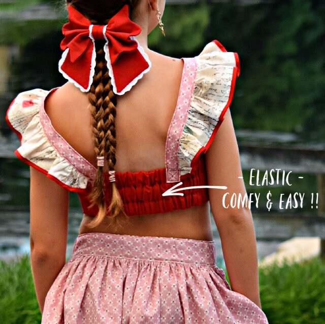 Tilly crop top, pdf sewing pattern by Frocks & Frolics. Cute girls blouse with flutter sleeves and vintage inspired. Made in gorgeous Michael Miller fabrics in cotton and red linen. Elasticated back for beginner sewists.