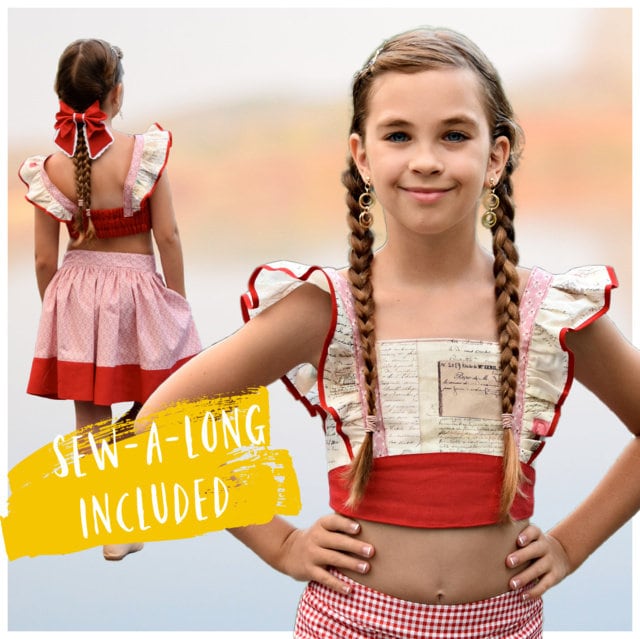Tilly crop top, pdf sewing pattern by Frocks & Frolics. Cute girls blouse with flutter sleeves and vintage inspired. Made in gorgeous Michael Miller fabrics in cotton and red linen. Bound flutter sleeves and a lined yoke.