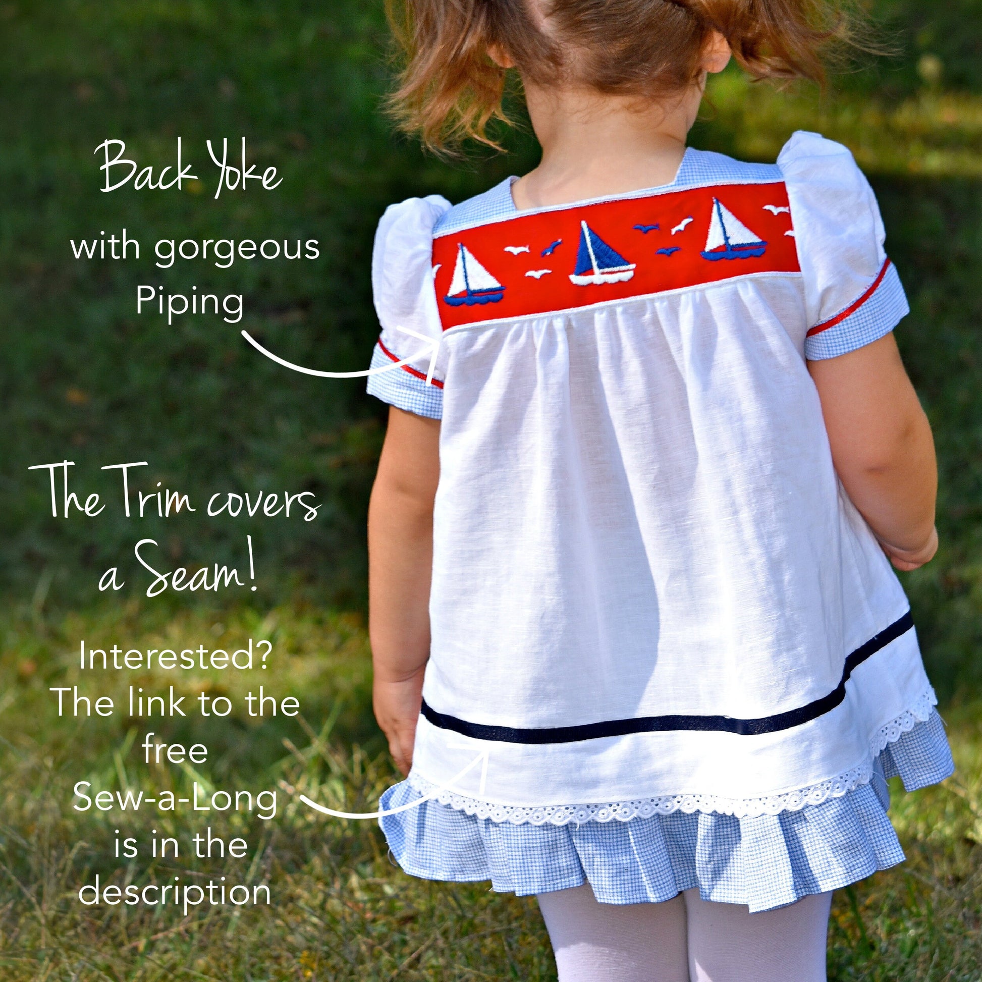 Virginia blouse pdf sewing pattern in nautical style fabrics. With ruffle hem trim and turn up cuff. Tudor neckline and asymmetrical front closure. The pattern includes a video sewing course for all the options.