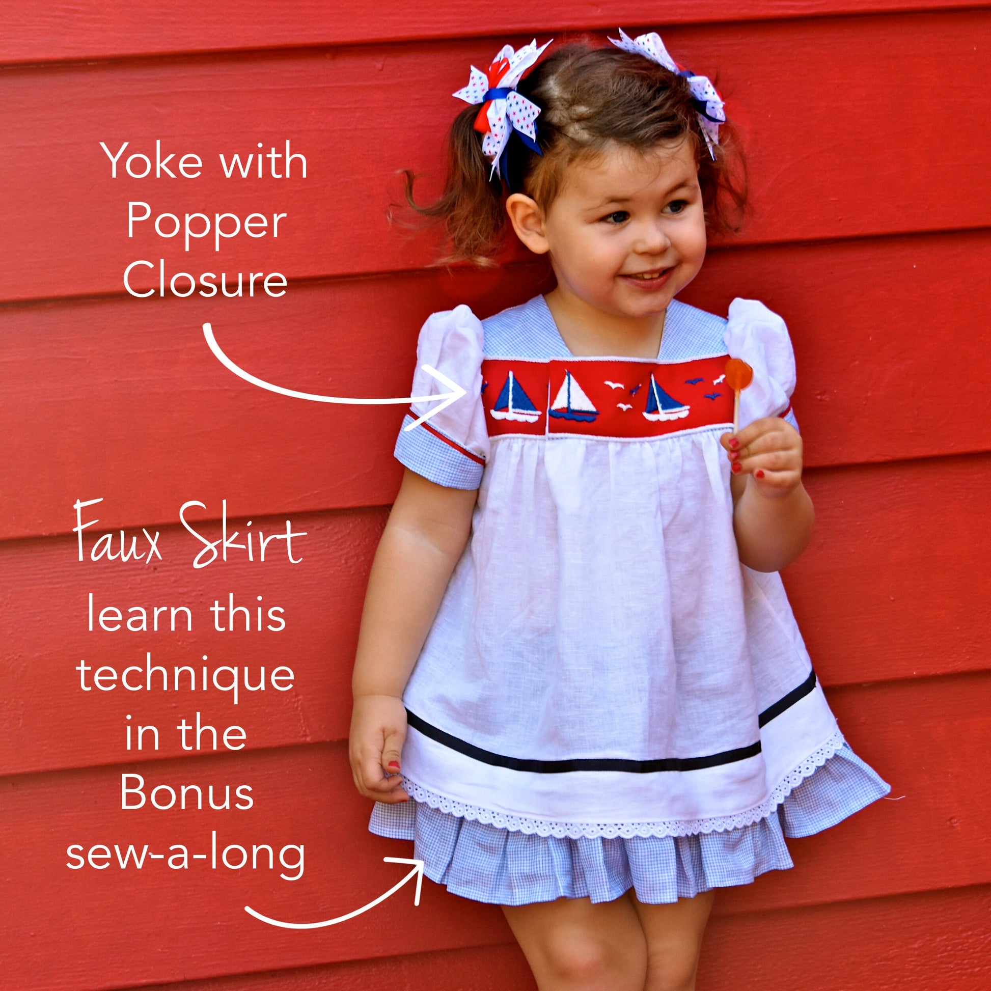 Virginia blouse pdf sewing pattern in nautical style fabrics. With ruffle hem trim and turn up cuff. Tudor neckline and asymmetrical front closure. The pattern includes a video sewing course for all the options.