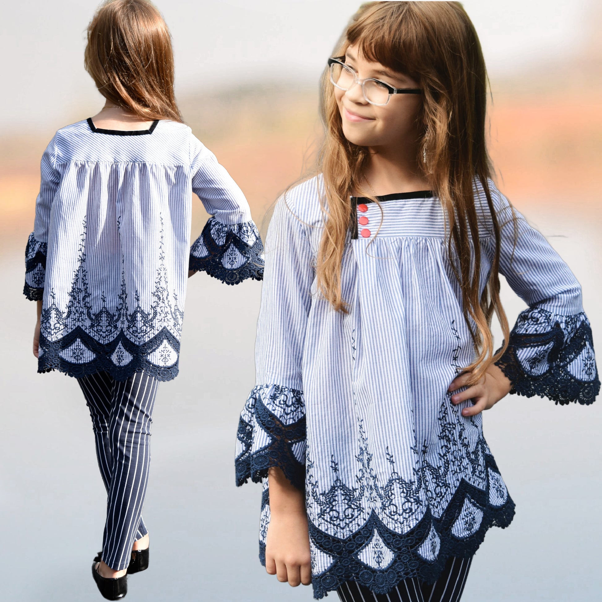 Virginia blouse pdf sewing pattern in nautical style fabrics. With ruffle hem trim and turn up cuff. Tudor neckline and asymmetrical front closure. The pattern includes a video sewing course for all the options. Boho sleeves teen blouse.