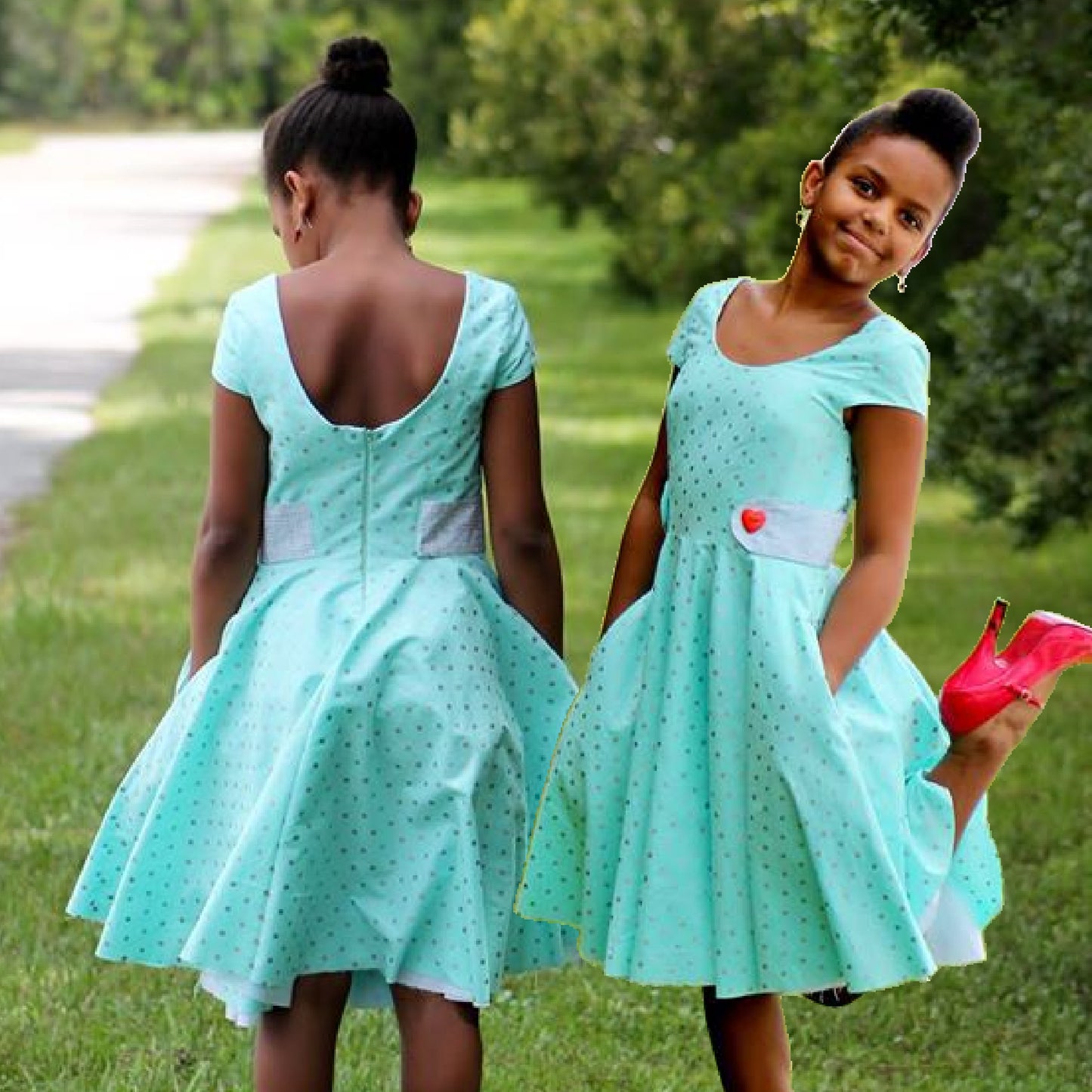Vivienne teen dress, circle skirt, gathered skirt, frocks and frolics, pdf sewing pattern. Three quarter length, with low cut bodice and back. Front view.