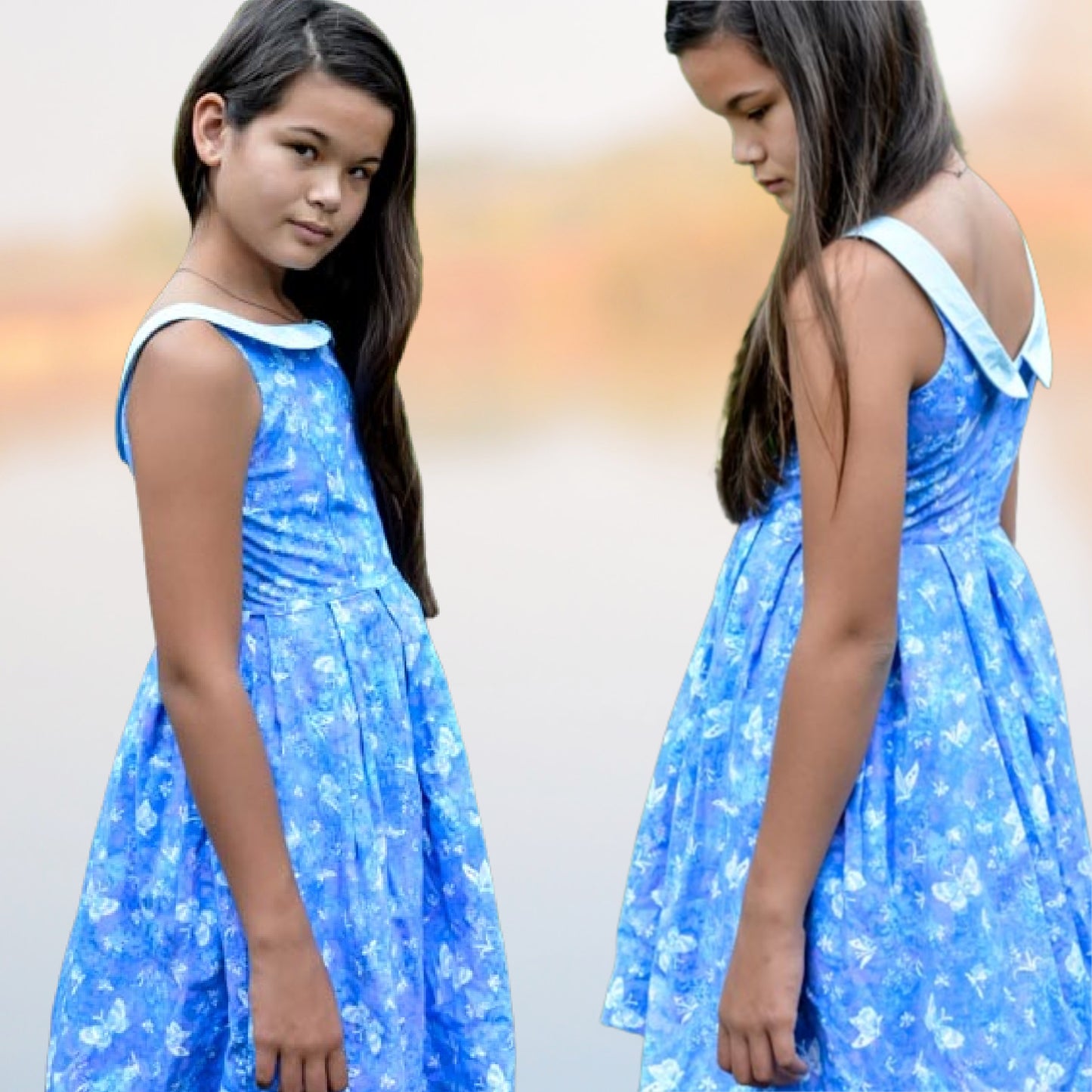 Vivienne dress for girls by Frocks & Frolics. Princess seam bodice, a sleeveless dress printed cotton. Peter Pan collar with lower cut back. Pleated skirt. Large feature tabs with oversized button. Concealed zipper.