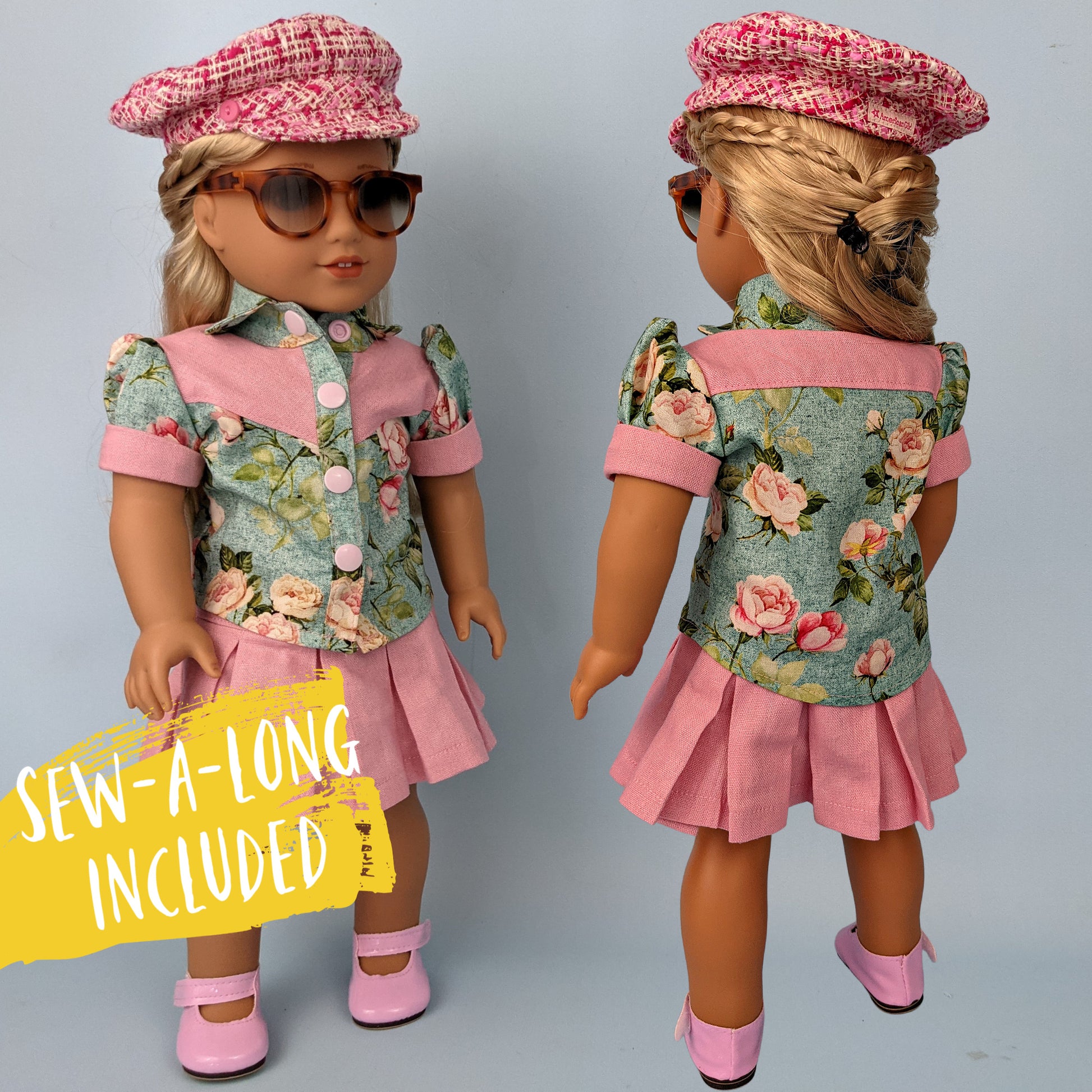 Western blouse sewing pattern for American Girl dolls  by frocks and folics, fitting 18 inch dolls. The fabric is a Michael Miller combo of printed cotton and pastel pink linen. Sew-a-long