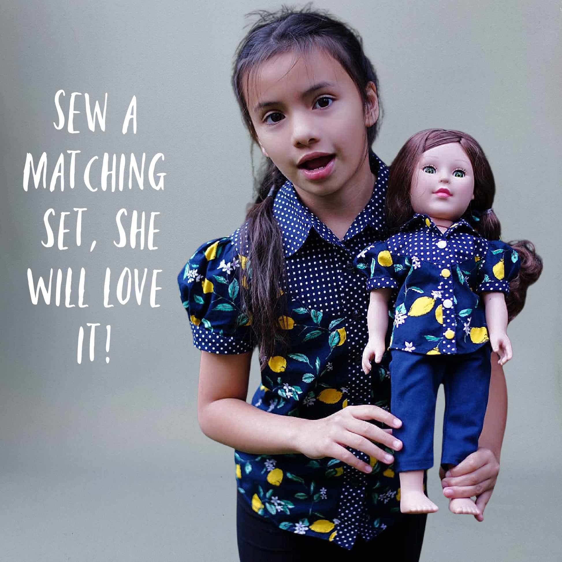 Western blouse sewing pattern for American Girl dolls  by frocks and folics, fitting 18 inch dolls. It shows a girl holding her american girl doll, both wearing the western blouse.