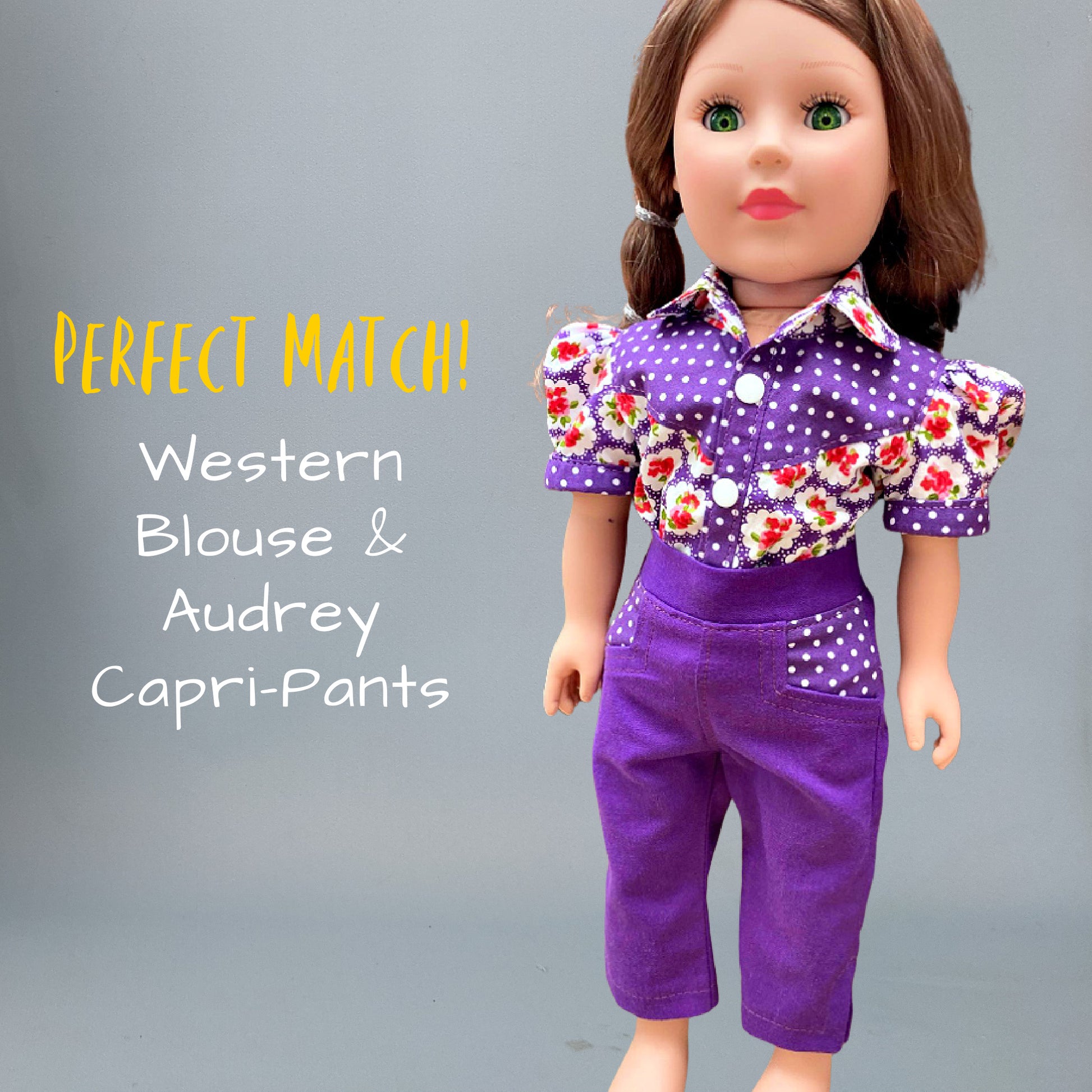 Western blouse sewing pattern for American Girl dolls  by frocks and folics, fitting 18 inch dolls. Cute combo paired with the Audrey Capri pants also available through frocks and frolics.
