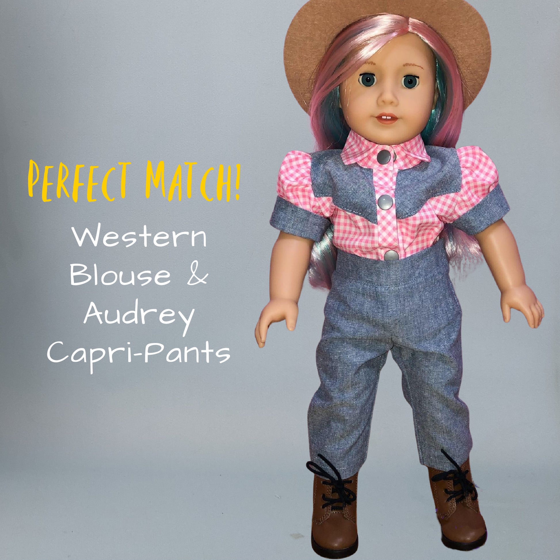 Western blouse sewing pattern for American Girl dolls  by frocks and folics, fitting 18 inch dolls. Cute combo paired with the Audrey CapriPants also available through frocks and frolics.