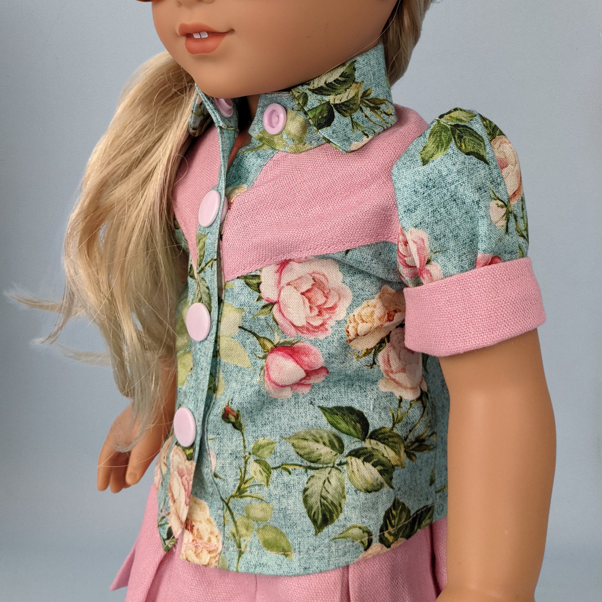 Western blouse sewing pattern for American Girl dolls  by frocks and folics, fitting 18 inch dolls. The fabric is a Michael Miller combo of printed cotton and pastel pink linen.