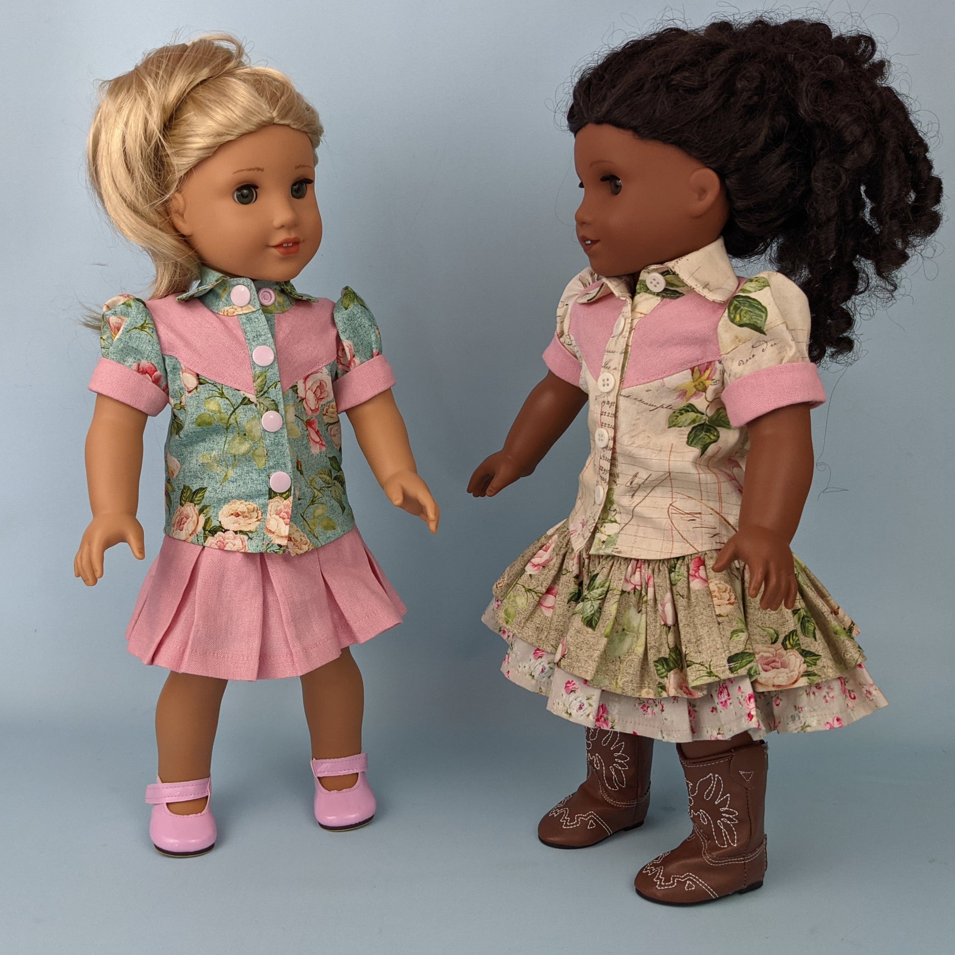 Western blouse sewing pattern for American Girl dolls  by frocks and folics, fitting 18 inch dolls. Cute combo paired with the Scarlett skirt and the Frances skirt also available through frocks and frolics.