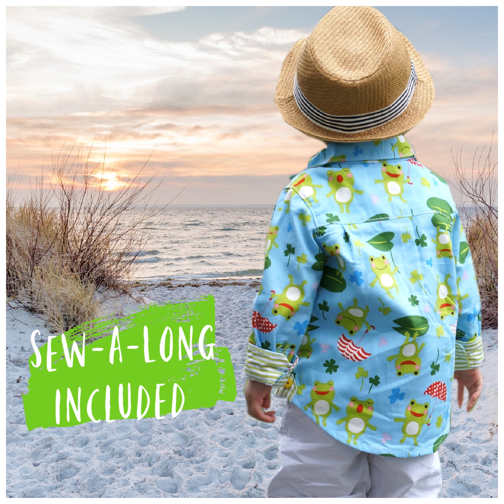 Cool shirt, pdf sewing pattern for a button down shirt by Frocks & Frolics.  The shirt has a cute frog print by Michael Miller fabrics. The pattern comes with a video guide for every step.