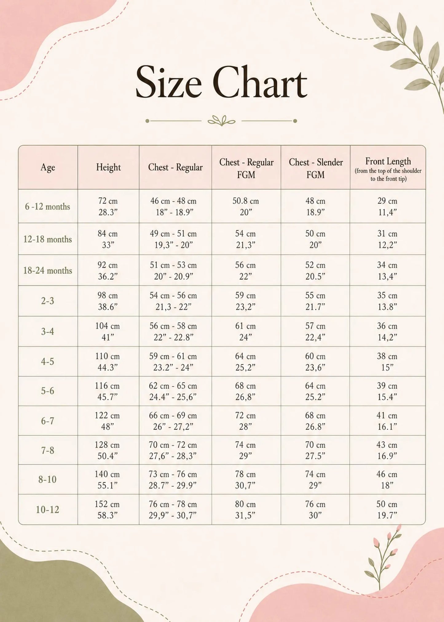 Size chart for the Brooklyn Waistcoat sewing pattern detailing age, height, chest, and front length measurements in inches and centimeters.