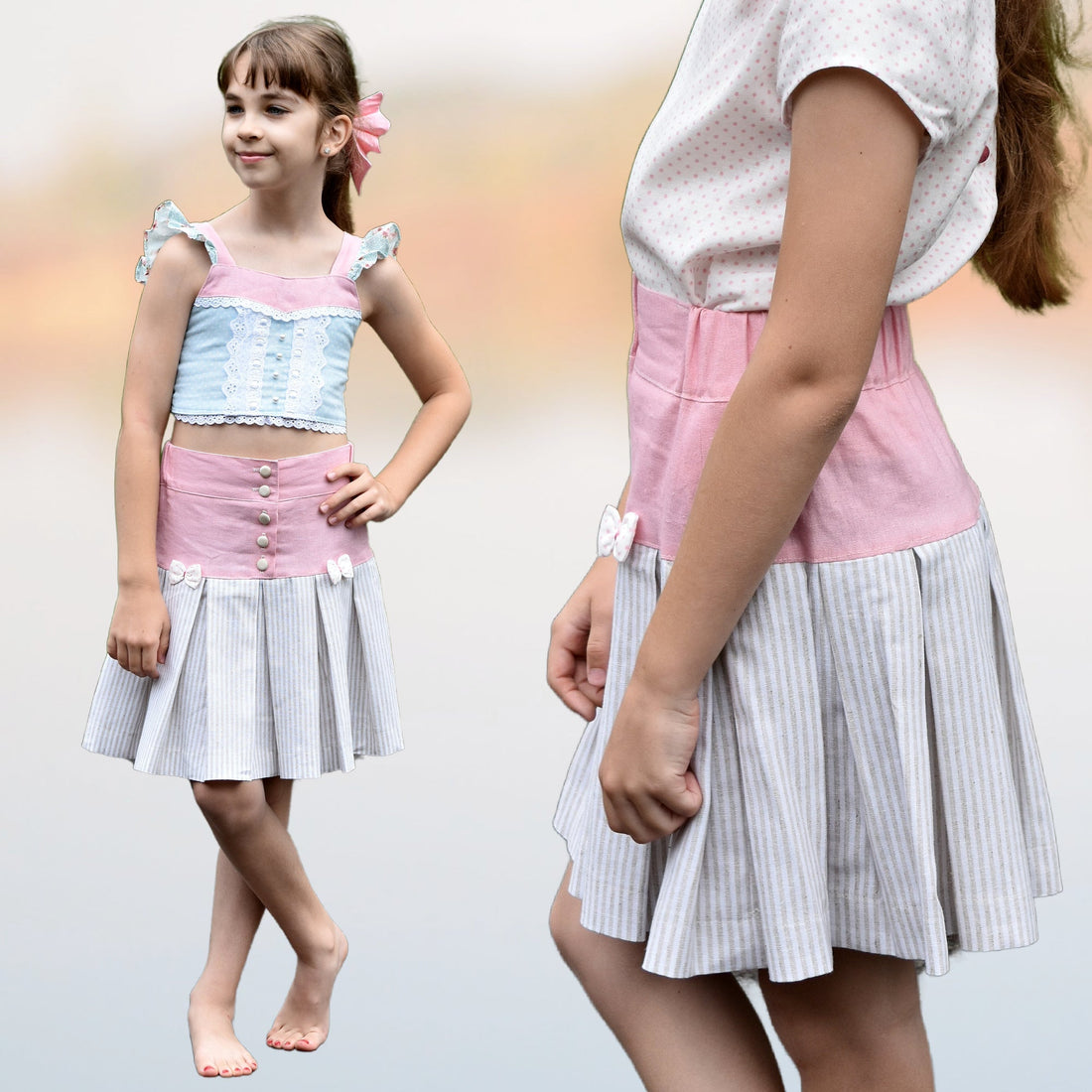 Girl wearing a handmade pleated skirt with a button-down yoke, ready for school