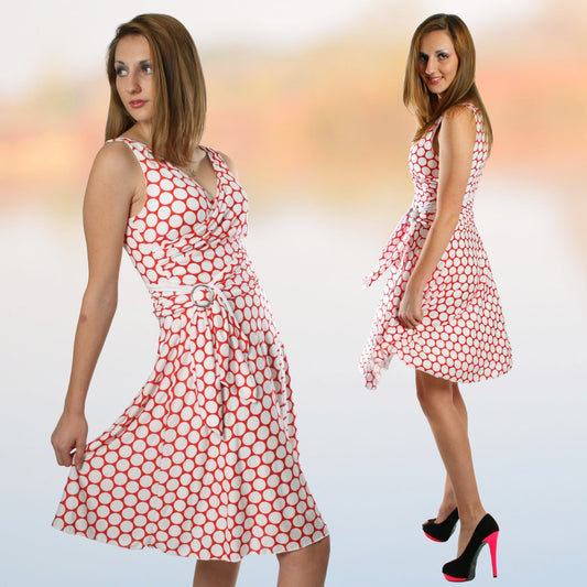 Front and side view of a handmade knit faux wrap dress