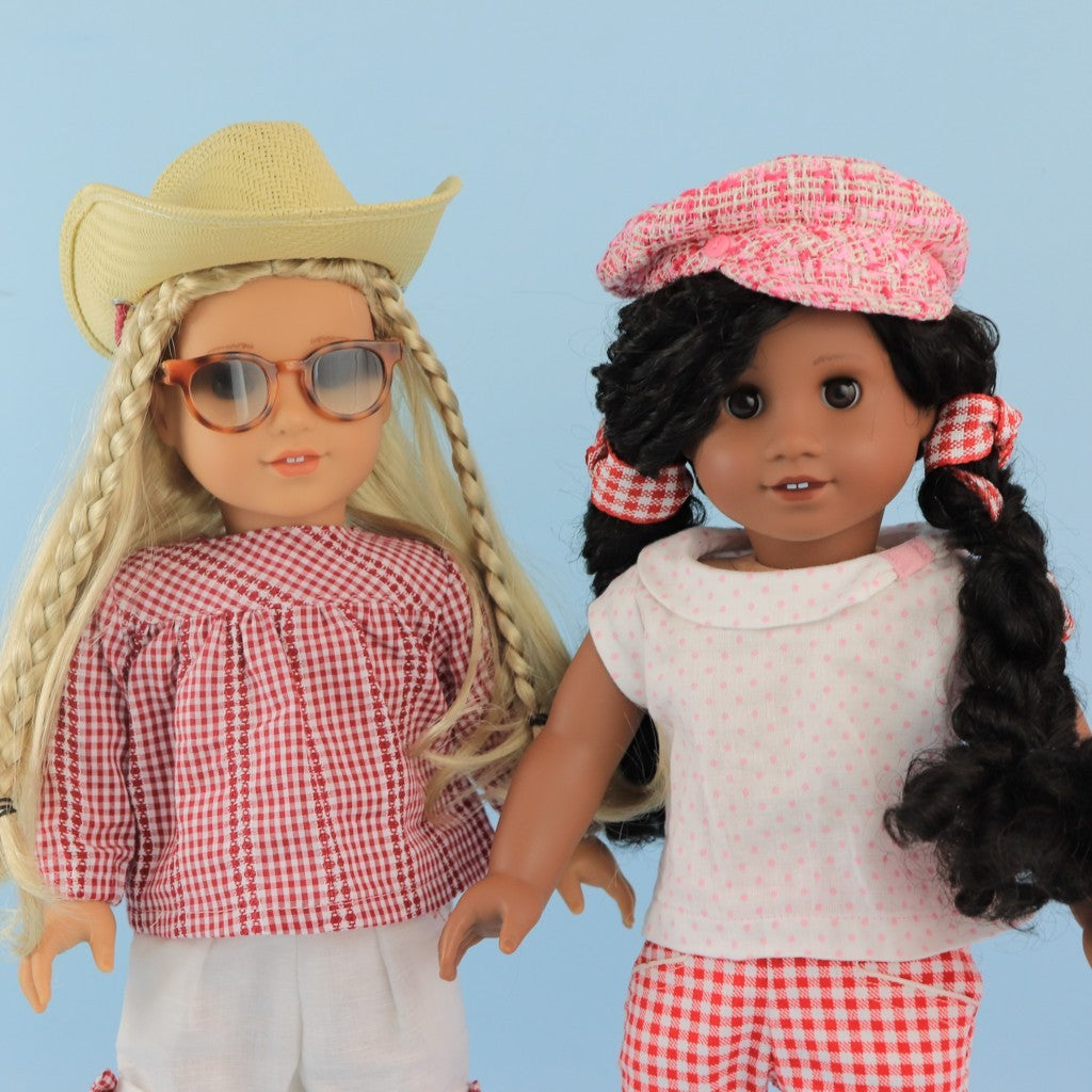 doll blouse for 18 inch dolls with matching skirt. PDF sewing pattern and video course.