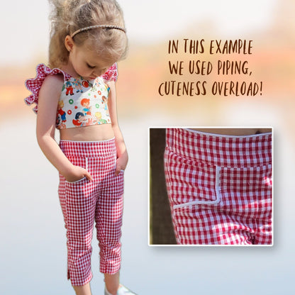 Audrey Capri pants pdf sewing pattern. In classic Gingham with vintage pockets and slim cut legs. Classic side vents at the hem. This pattern comes with a video sewing course.