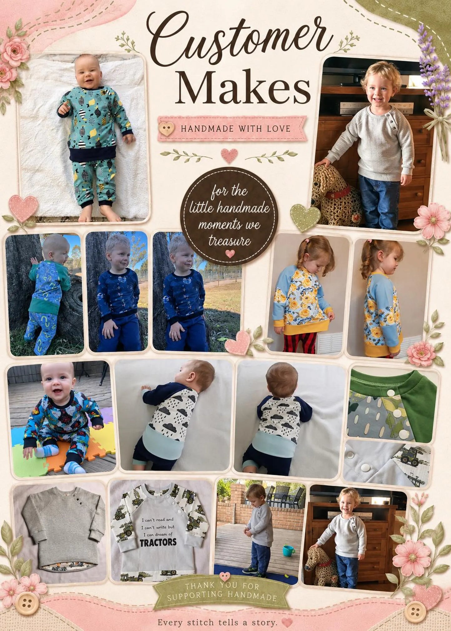 A collage-style promotional graphic with the headline 'Customer Makes' and 'Handmade with Love,' showing multiple photos of children wearing patterned clothing and several flat views of garments. The layout includes decorative flowers, hearts, and a circular badge reading 'for the little handmade moments we treasure.