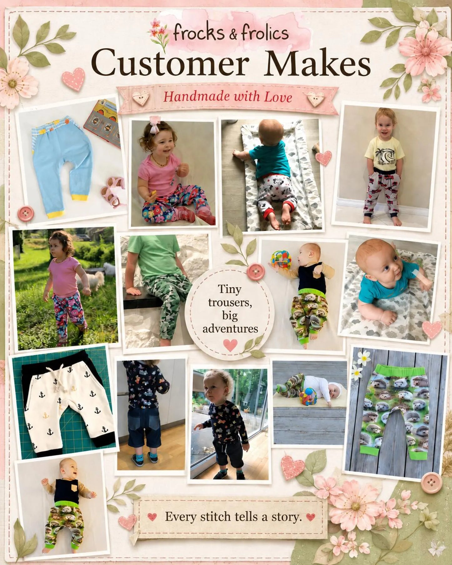 A collage-style promotional cover for a sewing pattern or craft kit titled 'frocks & frolics Customer Makes' with the subtitle 'Handmade with Love.' The design shows multiple photos of children wearing handmade patterned pants, plus decorative floral borders and buttons.