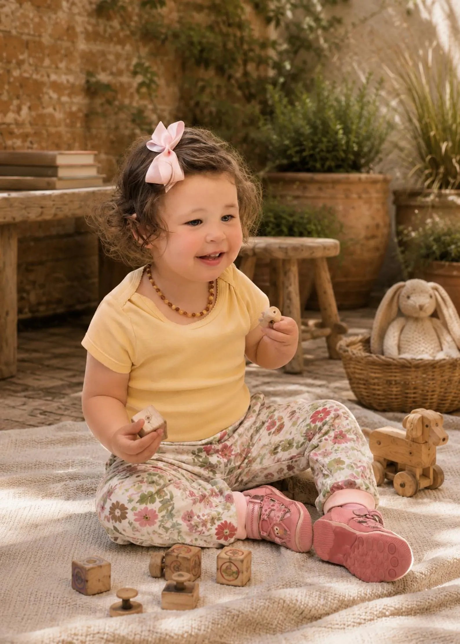 A toddler girl sitting on a beige blanket in a rustic playroom, wearing a pale yellow short-sleeve t-shirt and floral print leggings with pink sneakers. She has a pink bow in her hair and is holding a wooden block.