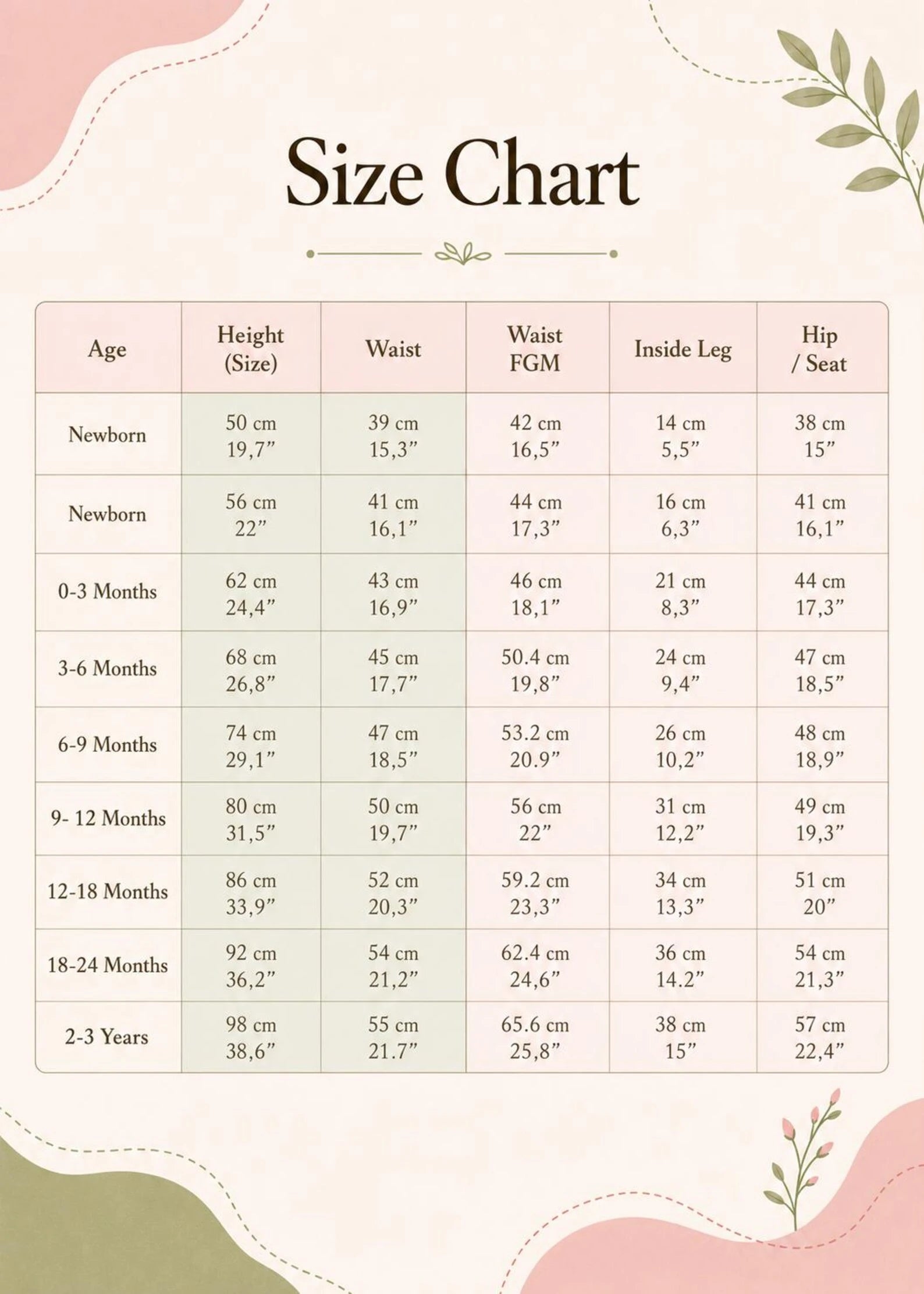 A size chart table with columns for Age, Height (Size), Waist (cm), Waist FGM, Inside Leg, and Hip/Seat. The chart is styled with a soft pink and beige background, decorative leaf illustrations, and the title 'Size Chart' at the top.