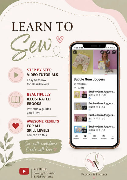 Promotional graphic for a sewing tutorial course titled 'LEARN TO Sew' by FROCKS & FROLICS. A step-by-step video tutorials and illustrated ebooks, alongside a mockup of a smartphone displaying the course interface.
