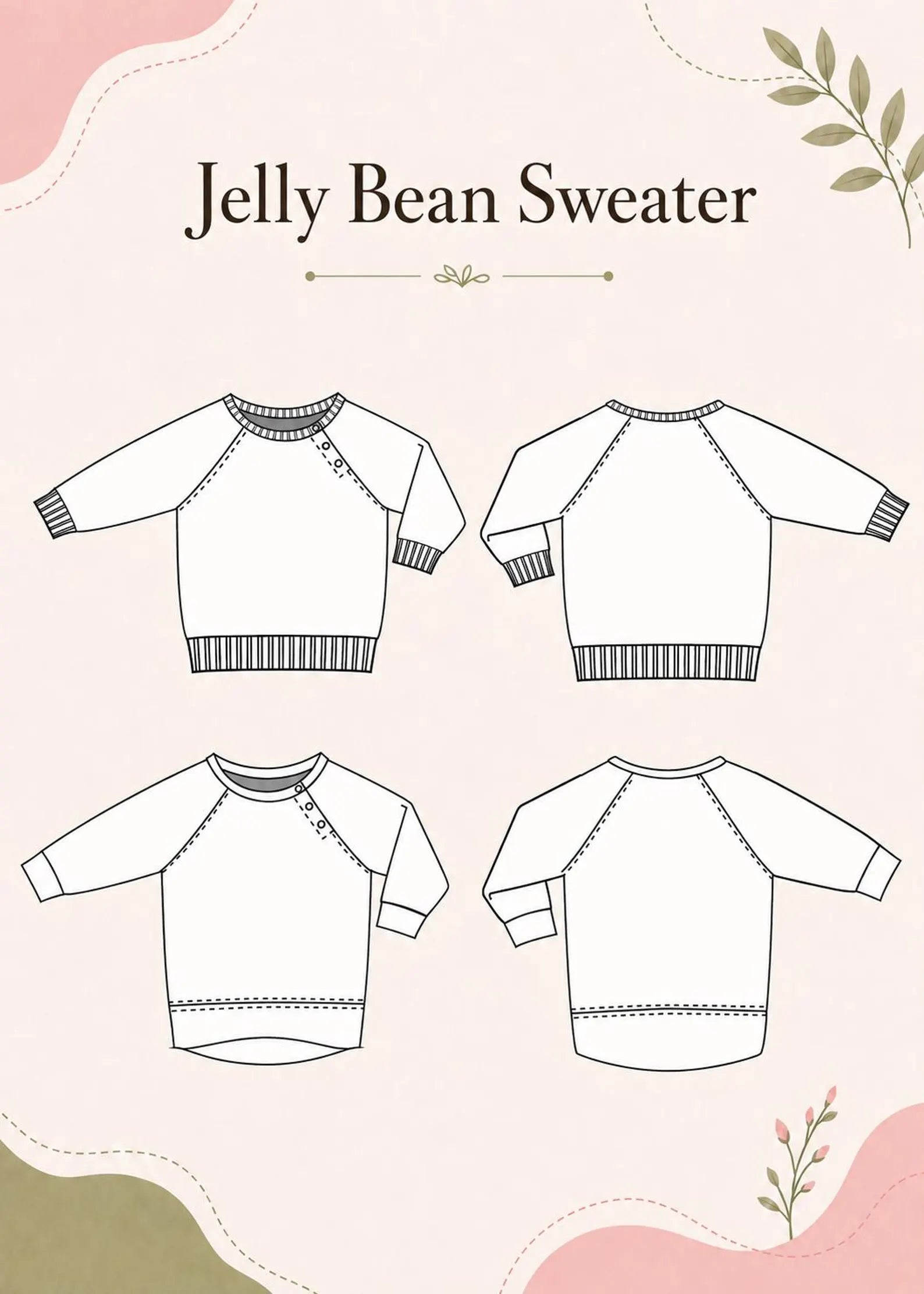 A digital pattern or mockup graphic for a 'Jelly Bean Sweater' showing four flat line-art views of the garment on a light pink background with decorative wavy borders and botanical illustrations.