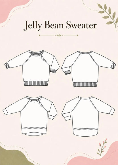 A digital pattern or mockup graphic for a 'Jelly Bean Sweater' showing four flat line-art views of the garment on a light pink background with decorative wavy borders and botanical illustrations.