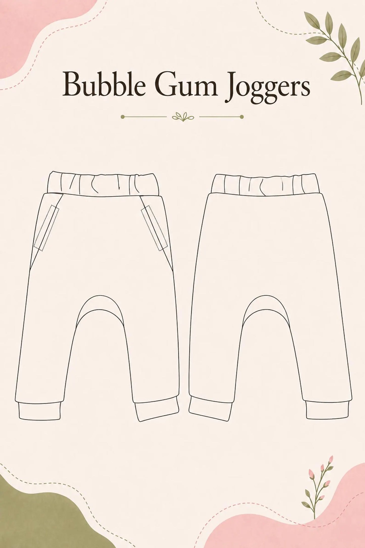 A flat graphic showing two line-drawn views of bubble gum jogger pants on a cream background with decorative pink and green shapes and the text 'Bubble Gum Joggers' at the top.