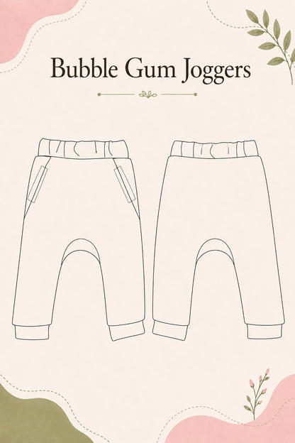 A flat graphic showing two line-drawn views of bubble gum jogger pants on a cream background with decorative pink and green shapes and the text 'Bubble Gum Joggers' at the top.