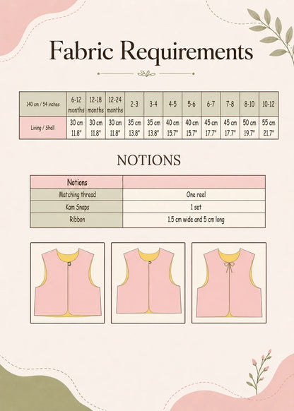 Fabric requirements and notions chart for the reversible baby vest sewing pattern, sizes 6 months to 12 years