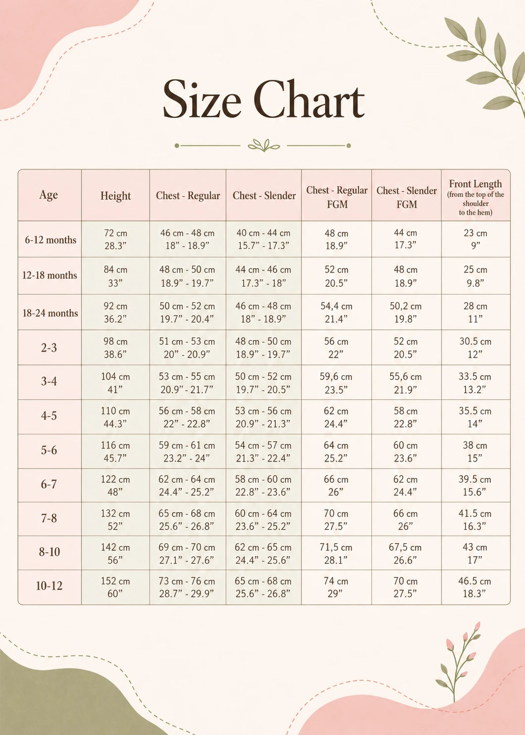 Reversible kids' vest sewing pattern size chart with chest, height, and front length measurements, 6 months to 12 years