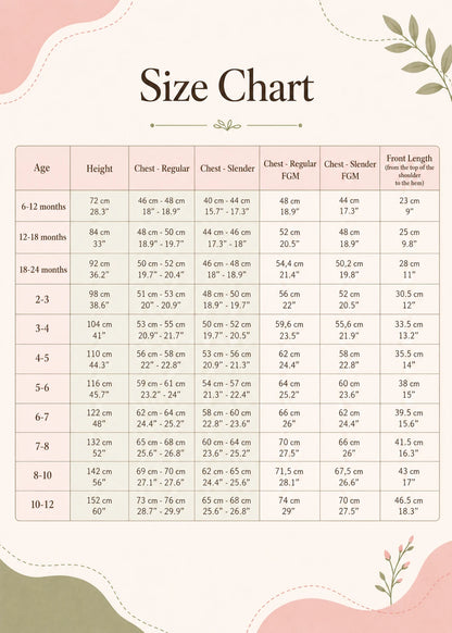 Reversible kids' vest sewing pattern size chart with chest, height, and front length measurements, 6 months to 12 years