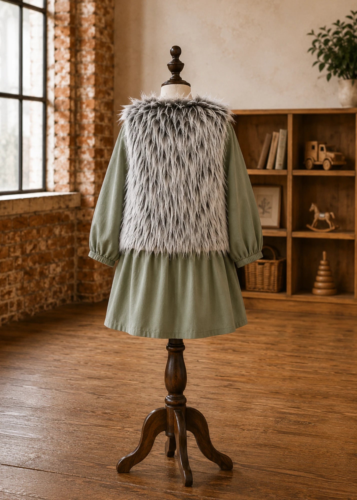 Back view of the grey shaggy faux fur reversible vest sewing pattern over a sage green dress