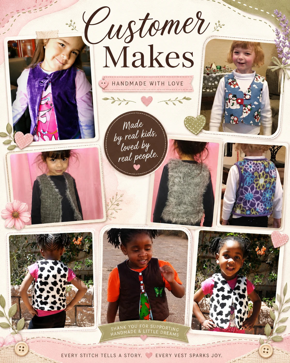 Customer made reversible vest sewing patterns in faux fur, velvet, floral, cow print, and snowman fabric for kids