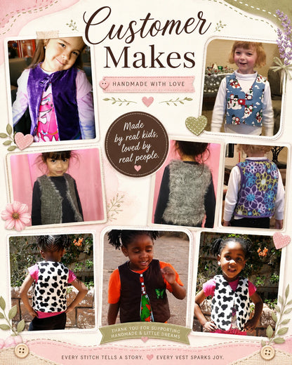 Customer made reversible vest sewing patterns in faux fur, velvet, floral, cow print, and snowman fabric for kids