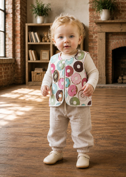 Toddler girl wearing the donut print reversible baby vest sewing pattern paired with linen joggers