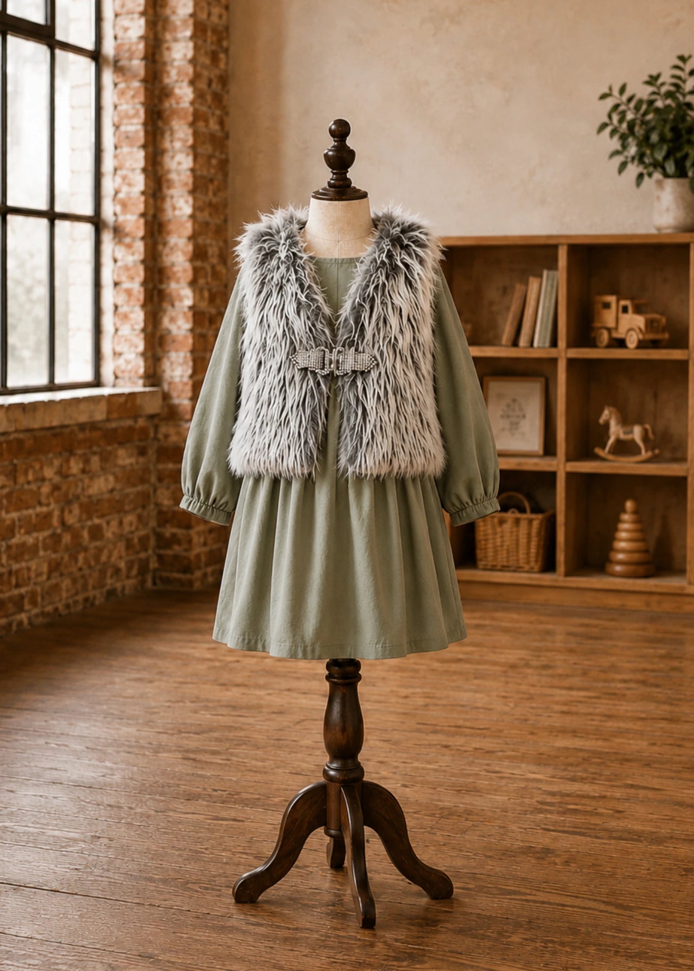 Grey faux fur shaggy vest sewing pattern with rhinestone buckle closure over a sage green dress
